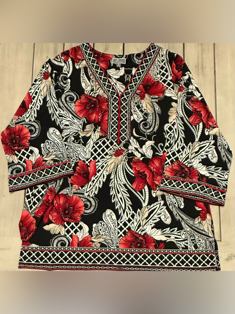 JM Collection Black Tunic with Red Floral Print Bling Y2K 1X
